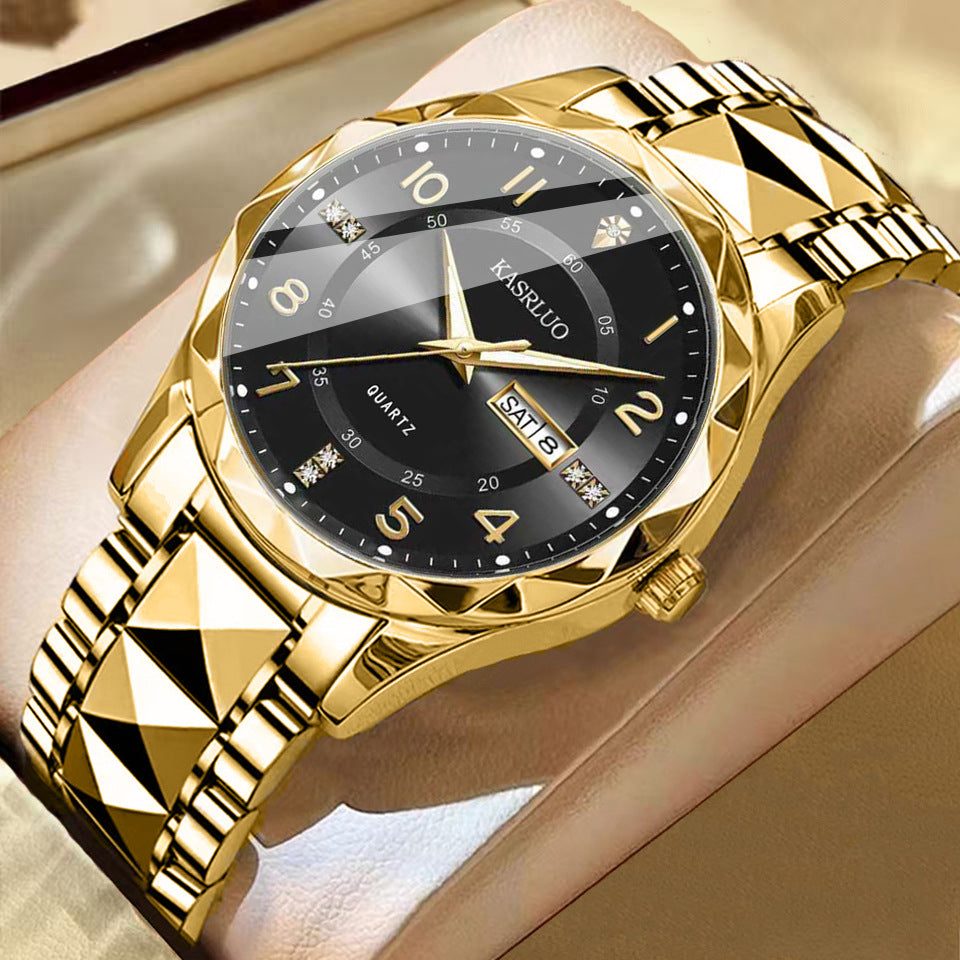 Men's dual calendar waterproof luminous quartz watch with black dial and stainless steel bracelet