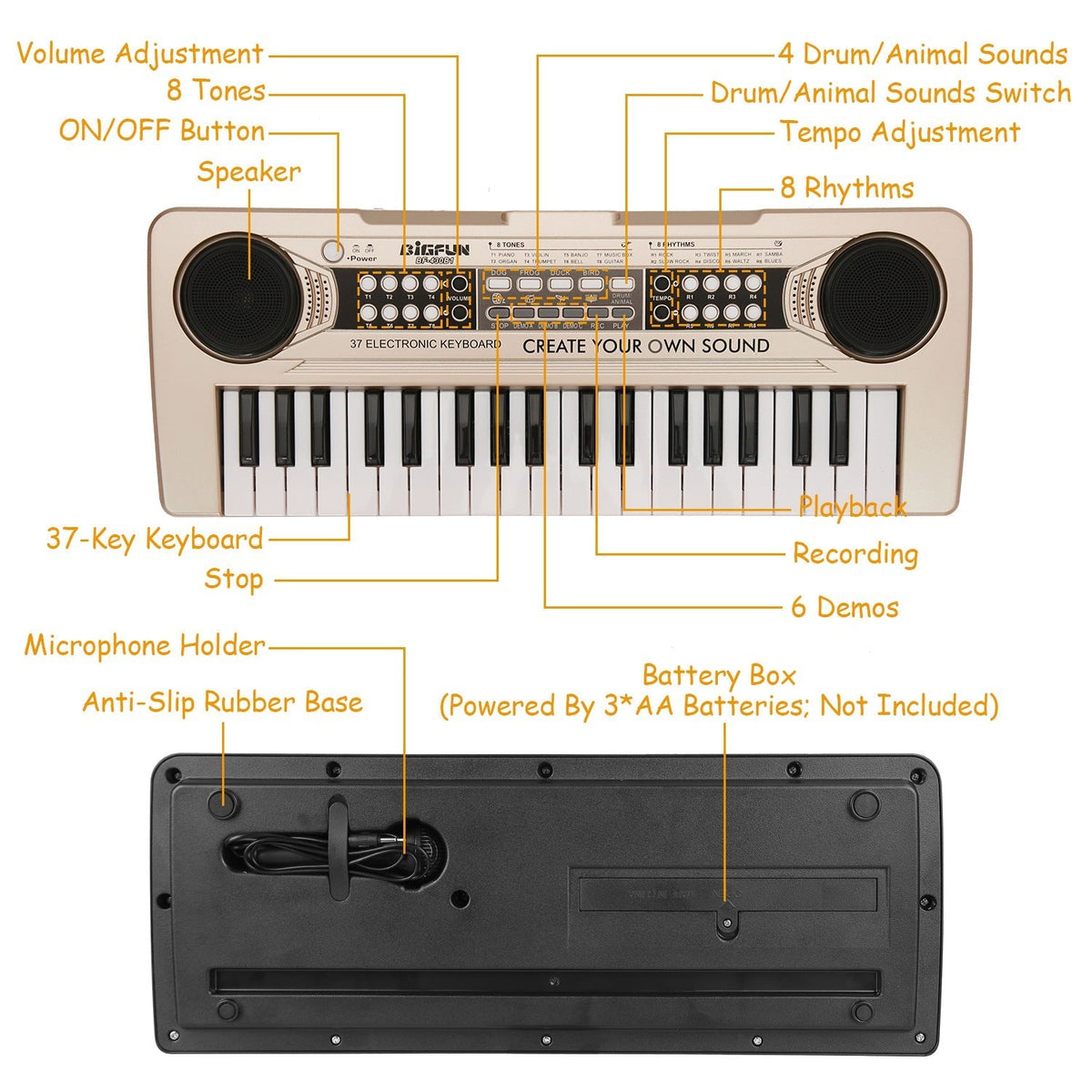 GBruno Store 37-key digital electronic keyboard with microphone, colorful kids' electric piano for children ages 3-10.