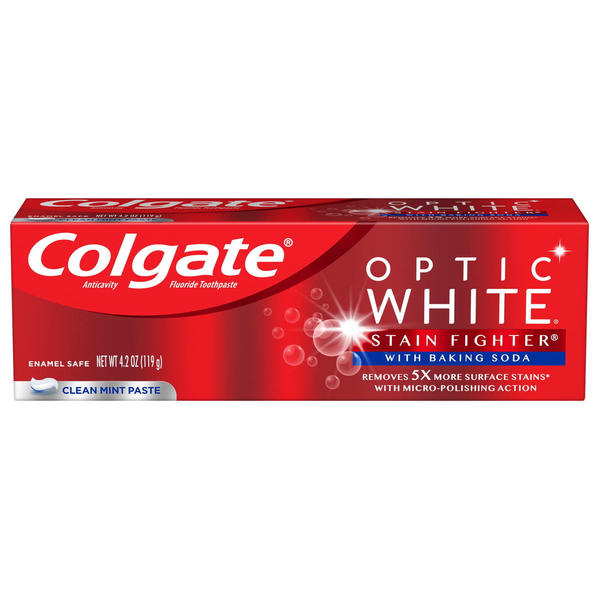 Colgate Optic White Stainfight+ Baking Soda toothpaste in 4.2oz tube, featuring whitening and stain removal for a bright smile