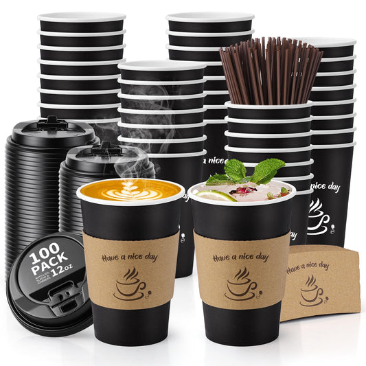 BackupMyFilesNow.com AIRE 12 oz disposable coffee cups with lids, paper coffee cups for hot and cold drinks, with sleeves and stir straws