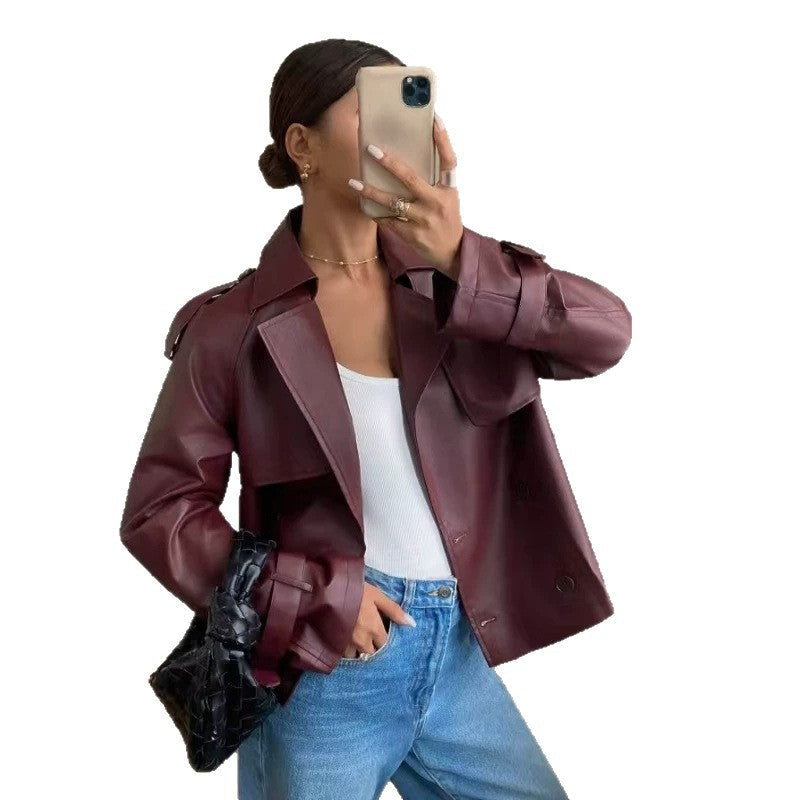 Adjustable-cuff vintage biker jacket in classic leather style, front view