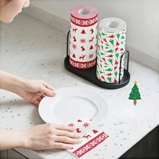 Set of 4 Christmas-themed thick three-layer kitchen paper towels for wet and dry cleaning, disposable and household use.
