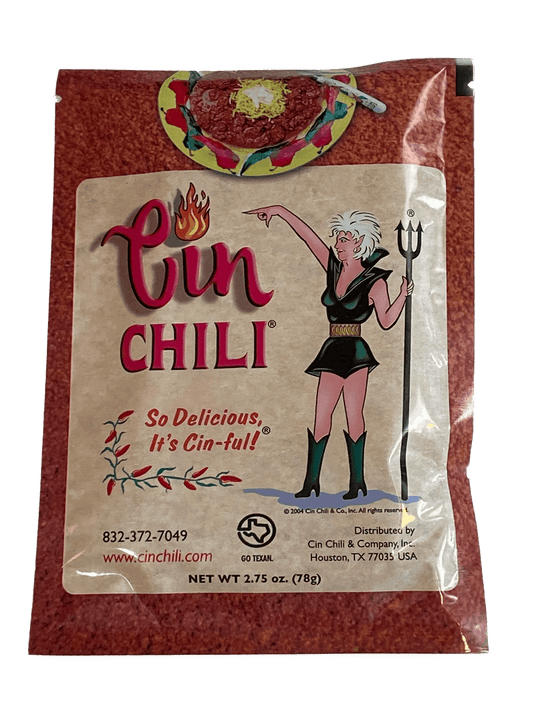 Cinderosa Ranch Cin Chili Seasoning Mix packet with colorful label, ready for adding flavor to chili dishes.