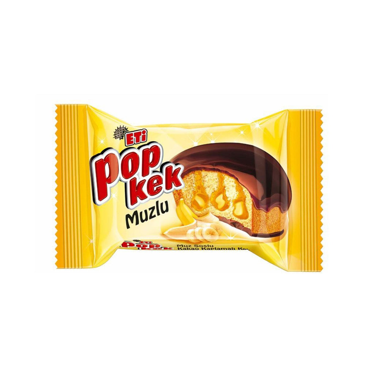 S101 Eti Popkek Banana cake in 60g package, moist sponge cake with banana flavor, shown in a close-up image.