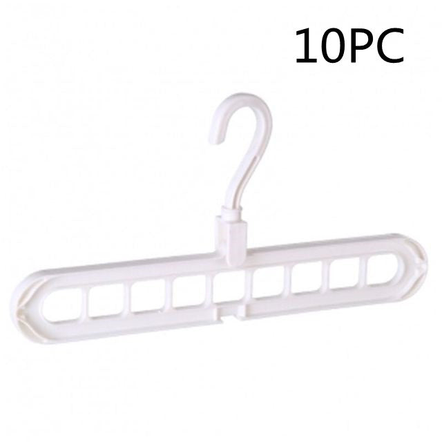 Plastic clothes hanger with storage hook displayed against a plain background