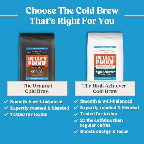 Ground Bulletproof Original Cold Brew Coffee, medium roast, coarse ground, 12 oz bag with label showing Bulletproof branding.