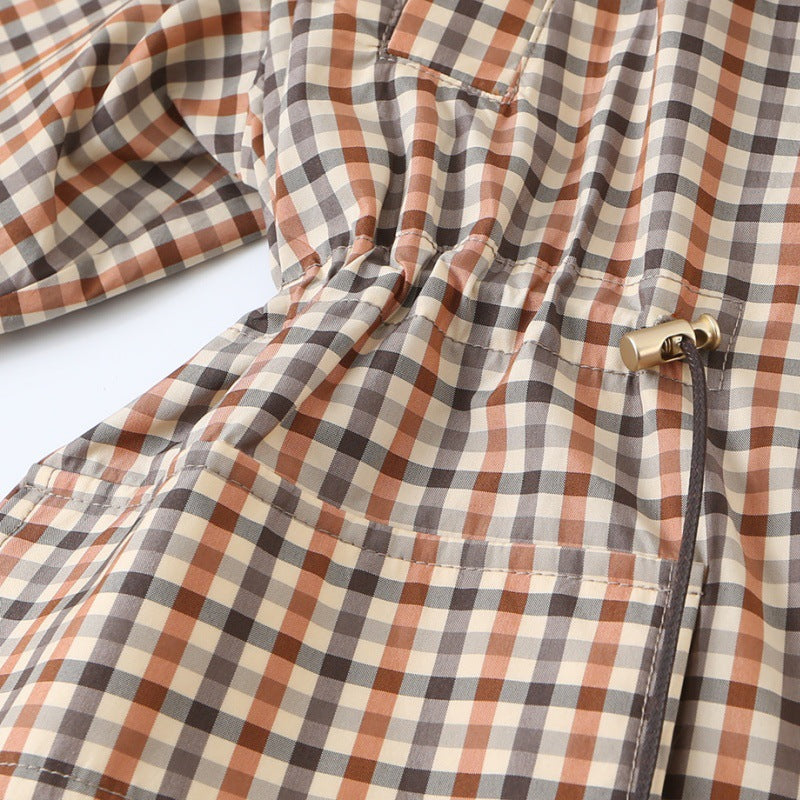 Women's autumn plaid trench coat with turn-down collar and drawstring waist