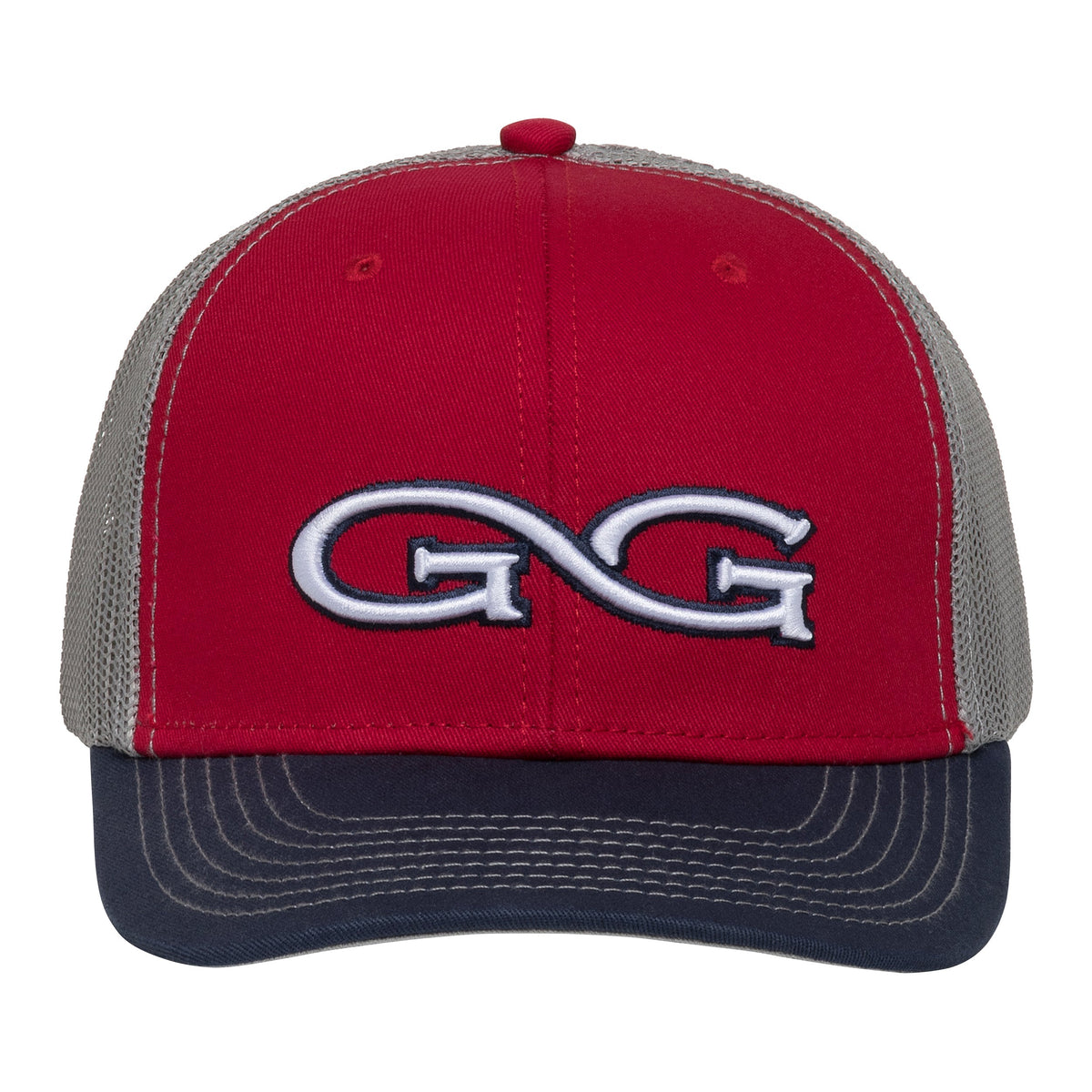 Red GameGuard tri-color cap with glacier mesh back, branded baseball hat featuring a curved brim and adjustable strap.