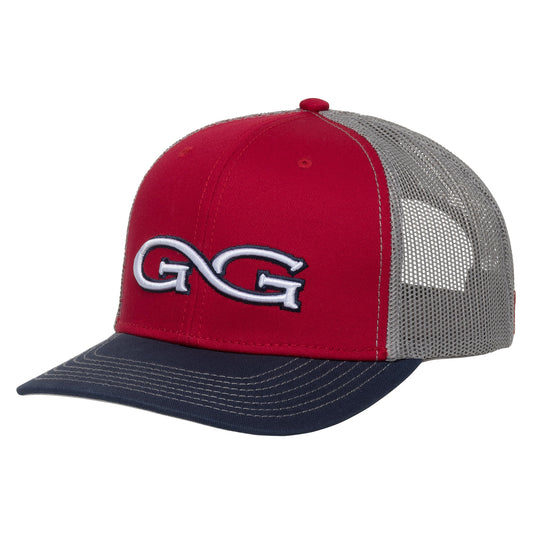 Red GameGuard TriColor cap with Glacier mesh back, branded baseball style hat, featuring vibrant red color and stylish design.