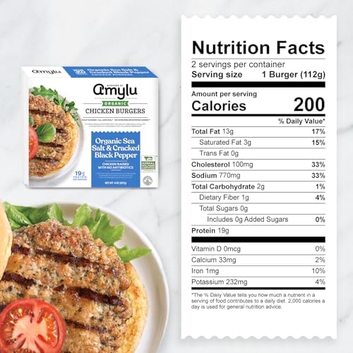 Amylu Foods organic chicken burger with sea salt and black pepper, fully cooked, gluten-free, dairy-free, 19g protein, 8 oz