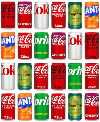 Coca-Cola soda variety pack with 24 assorted mini cans including Coke, Cherry Coke, Diet Coke, Coke Zero, Fanta Orange, Ginger Ale, and Sprite