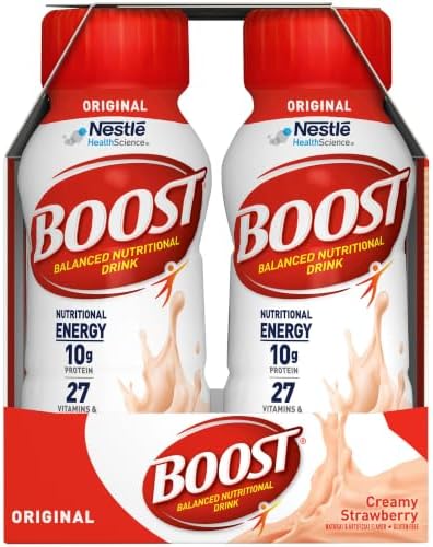 Boost Original Nutritional Drink in creamy strawberry flavor, 8 oz bottles, pack of 24, with colorful bottles featuring strawberry images.