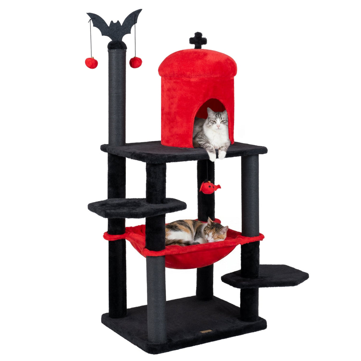 Gothic-style 51-inch multi-level cat tree with hammocks, spider toy, and cozy platforms for climbing and scratching.