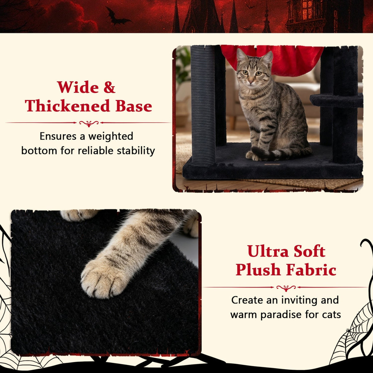 GBruno Store 51-inch Gothic multi-level cat tree with spider toy, hammock, and multiple platforms for cats to climb and rest.