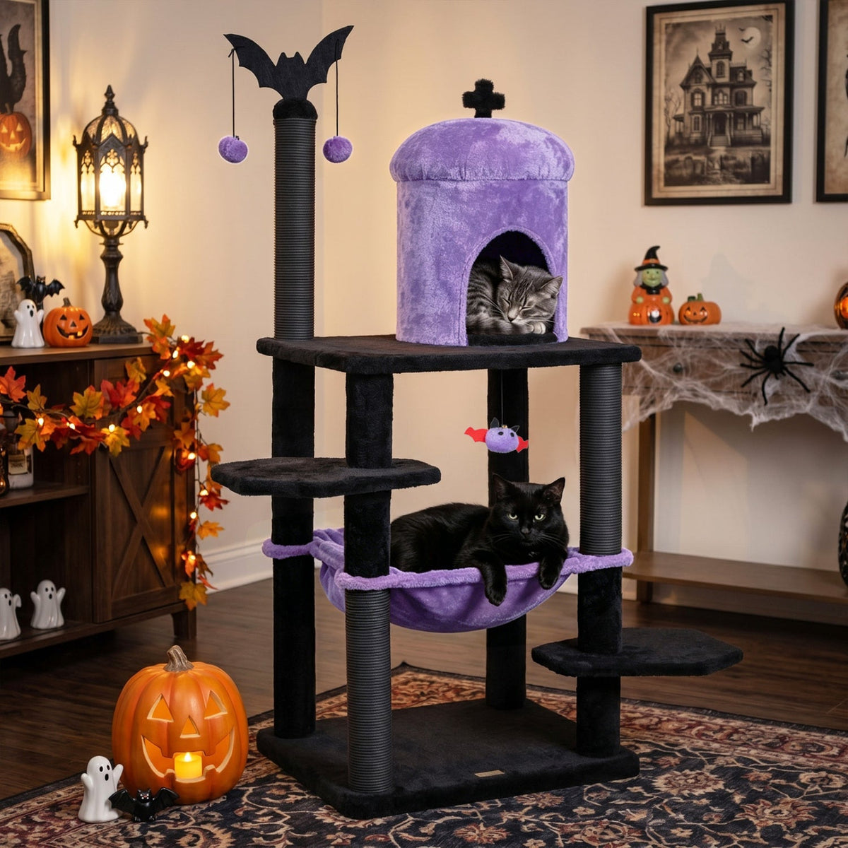 Gothic-style multi-level cat tree from GBruno Store with spider toy, hammock, and multiple platforms for cats to climb and rest.