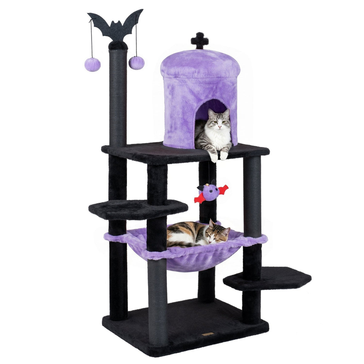 Gothic-style 51-inch multi-level cat tree by GBruno Store with spider toy and hammock for climbing and lounging.