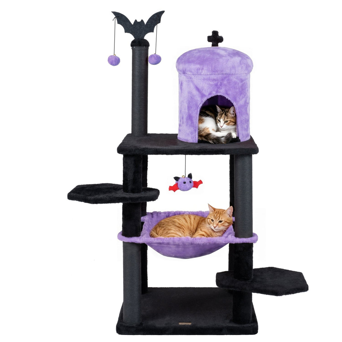 Gothic-style multi-level cat tree by GBruno Store with spider toy, hammock, and cozy platforms for cats to climb and relax.