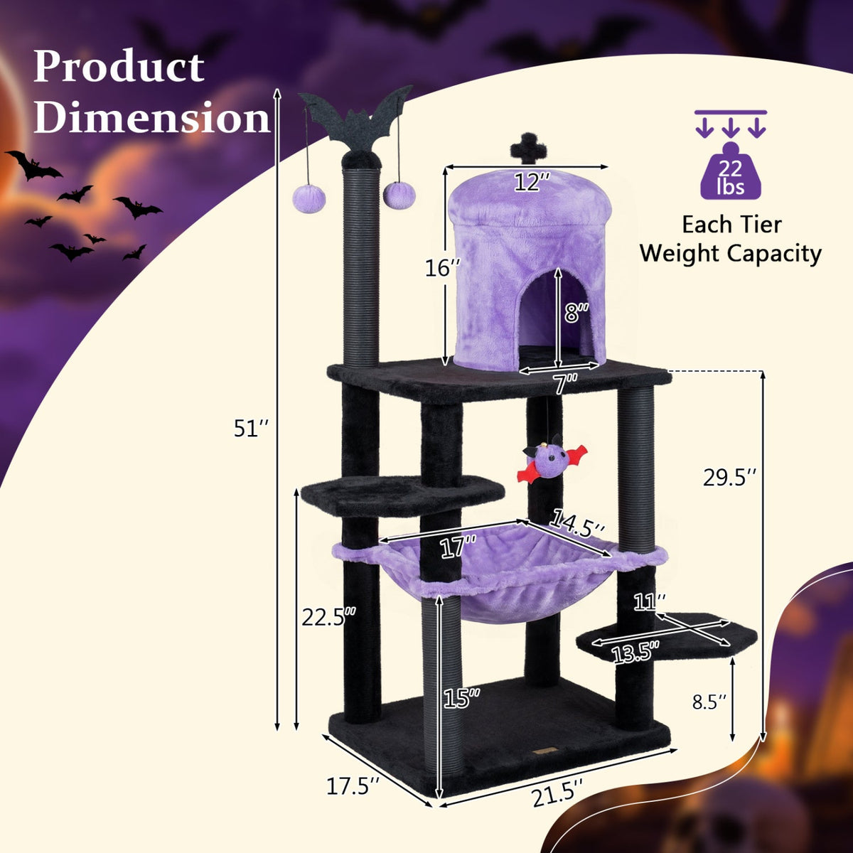 Gothic-style 51-inch multi-level cat tree with spider toy and hammock, designed for cats to climb, play, and relax.