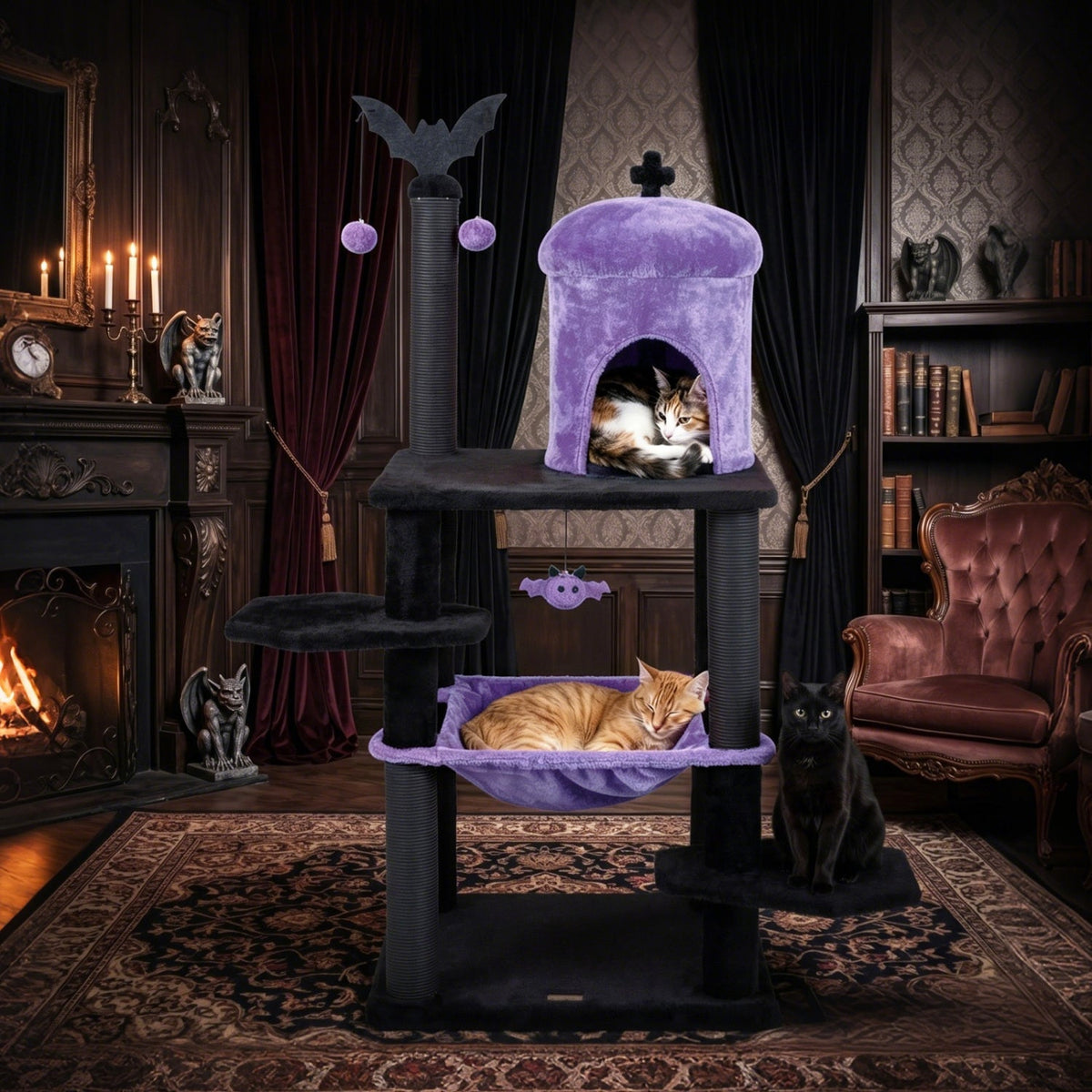 Gothic-style 51-inch multi-level cat tree with spider toy and hammock, providing climbing and resting spots for cats.