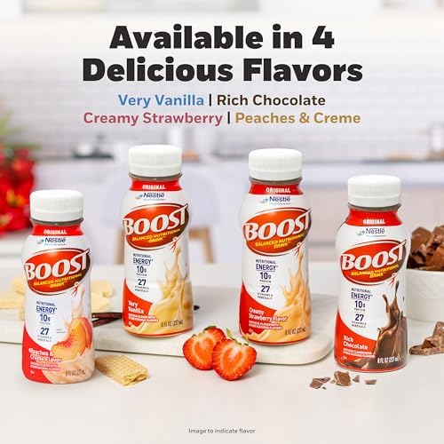 Boost Original Nutritional Shake in Very Vanilla flavor, ready-to-drink nutritional beverage, 24-pack, with vanilla-flavored bottles.