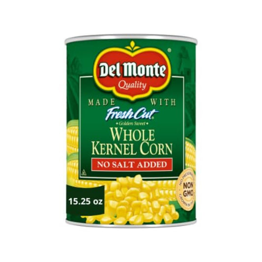 Canned Del Monte Whole Kernel Gold Corn with no salt added, 8.75 ounces per can, stacked pack of 12