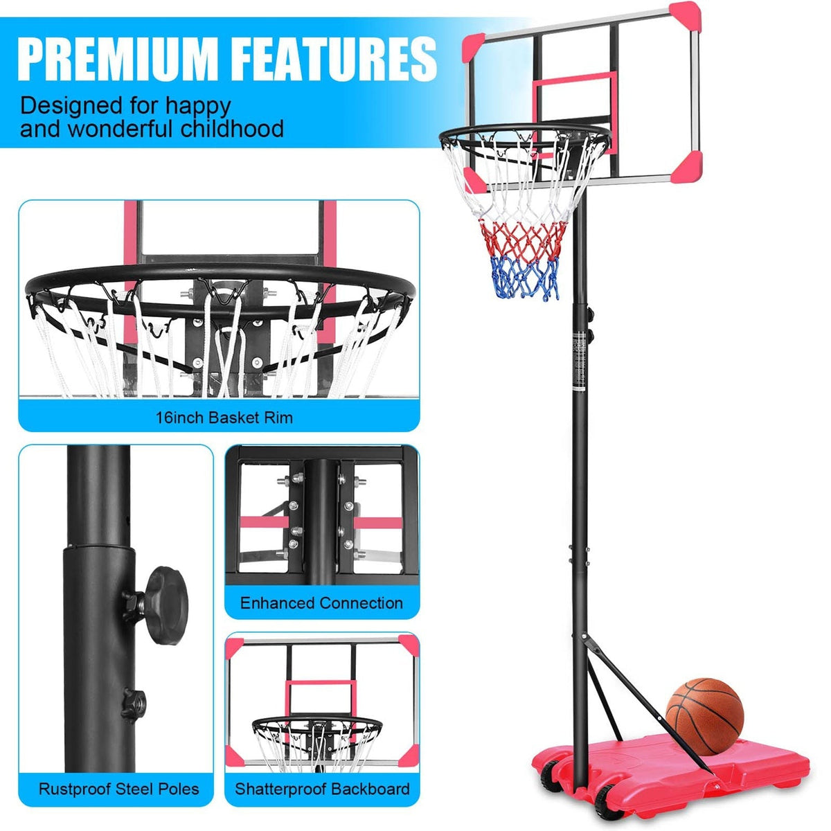 Adjustable kids basketball hoop by GBruno Store with wheels, height 5.6 to 7 feet, suitable for outdoor play.