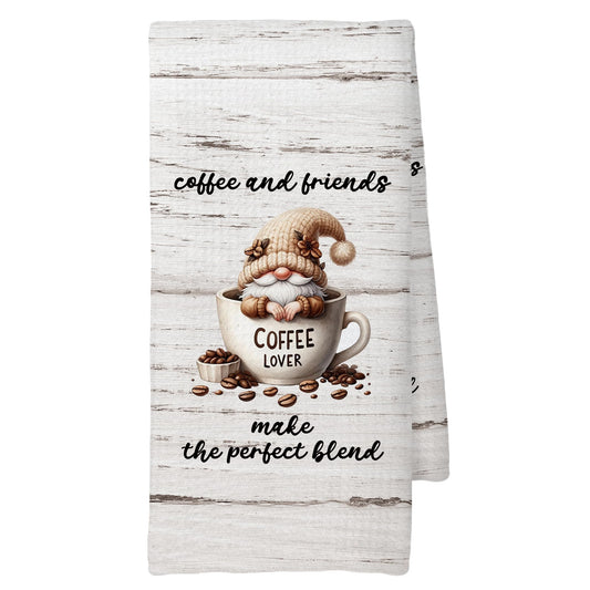 BackupsMyFilesNow® coffee gnomes kitchen towels with coffee-themed design, perfect for coffee bar decor and coffee lover gifts.