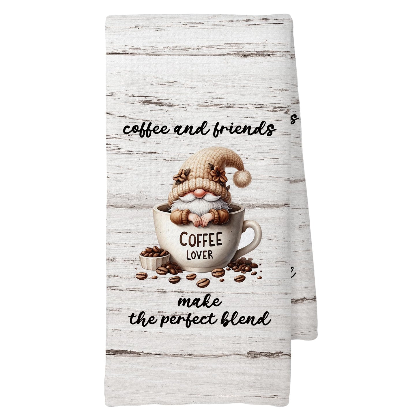 BackupsMyFilesNow® coffee gnomes kitchen towels with coffee-themed design, perfect for coffee bar decor and coffee lover gifts.