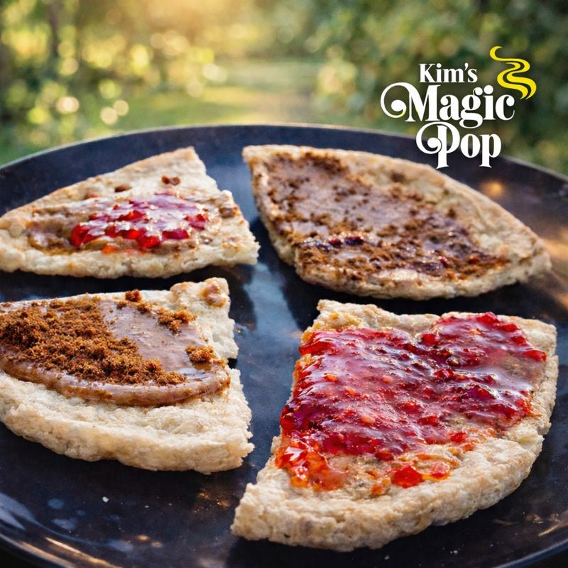 Kim's Magic Pop salted caramel and dark chocolate drizzled snacks in a 6 or 12 pack, featuring crispy puffed rice treats.