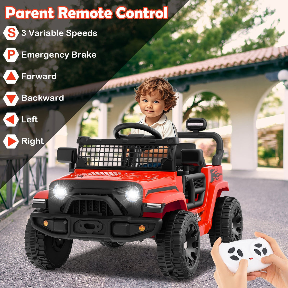 12V kids ride-on truck by GBruno Store with realistic design, black body, and rugged wheels for outdoor play.