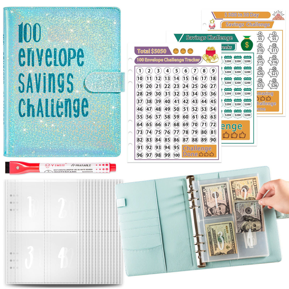 5A Money Saving Challenge Planner cover with organized savings tracking pages
