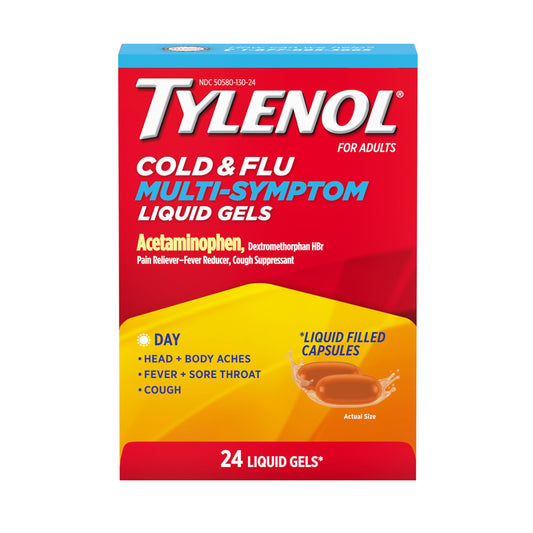 Tylenol Daytime Cold & Flu Relief Liquid Gels, 24 count, in a clear bottle with capsules visible inside.