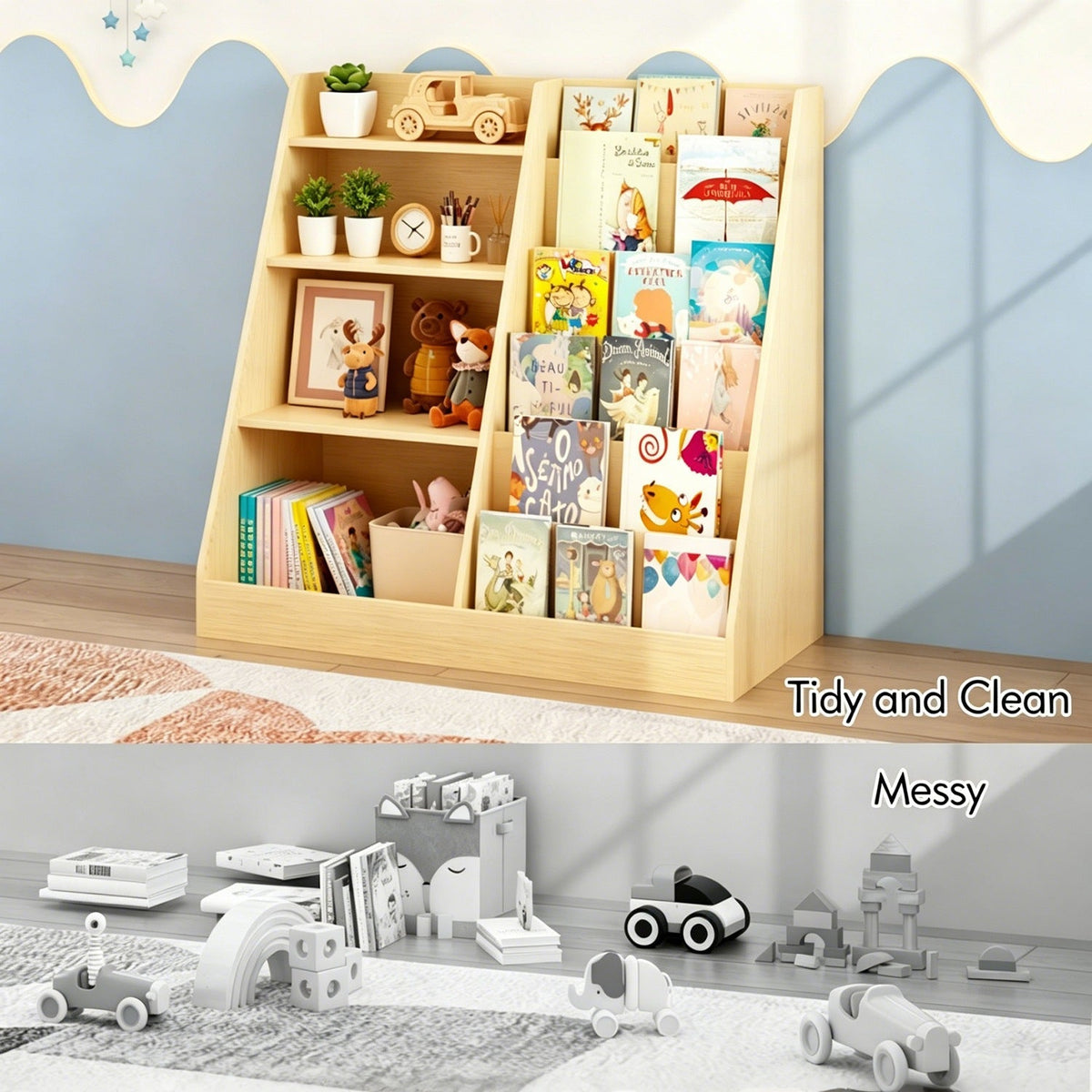 Multi-tier kids bookshelf with toy storage organizer by GBruno Store, 34.65 inches tall, featuring colorful shelves and toy compartments.