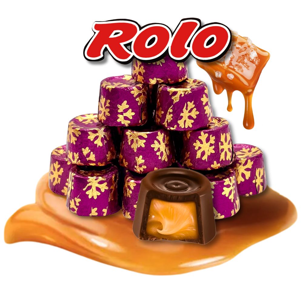 Assorted Rolo Salted Caramel Dark Chocolate candies in Christmas foil packaging, bulk value bag by Candy In Bulk.
