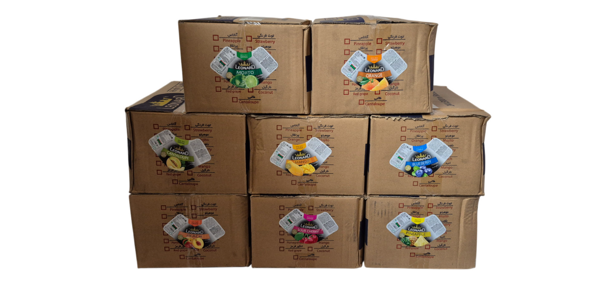 Nut Fusion Leonard Basil Drinks 6-pack case featuring colorful bottles of natural, refreshing basil-flavored beverages.