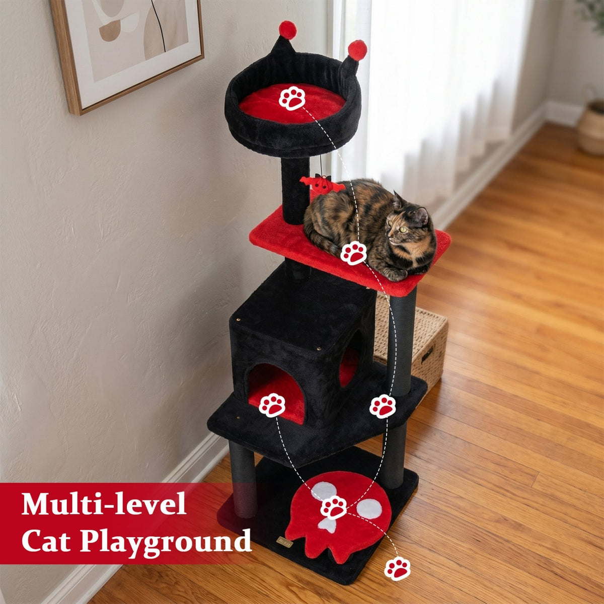 GBruno Store 57-inch Gothic cat tree with padded perch and spider toy for cats to climb, perch, and play.