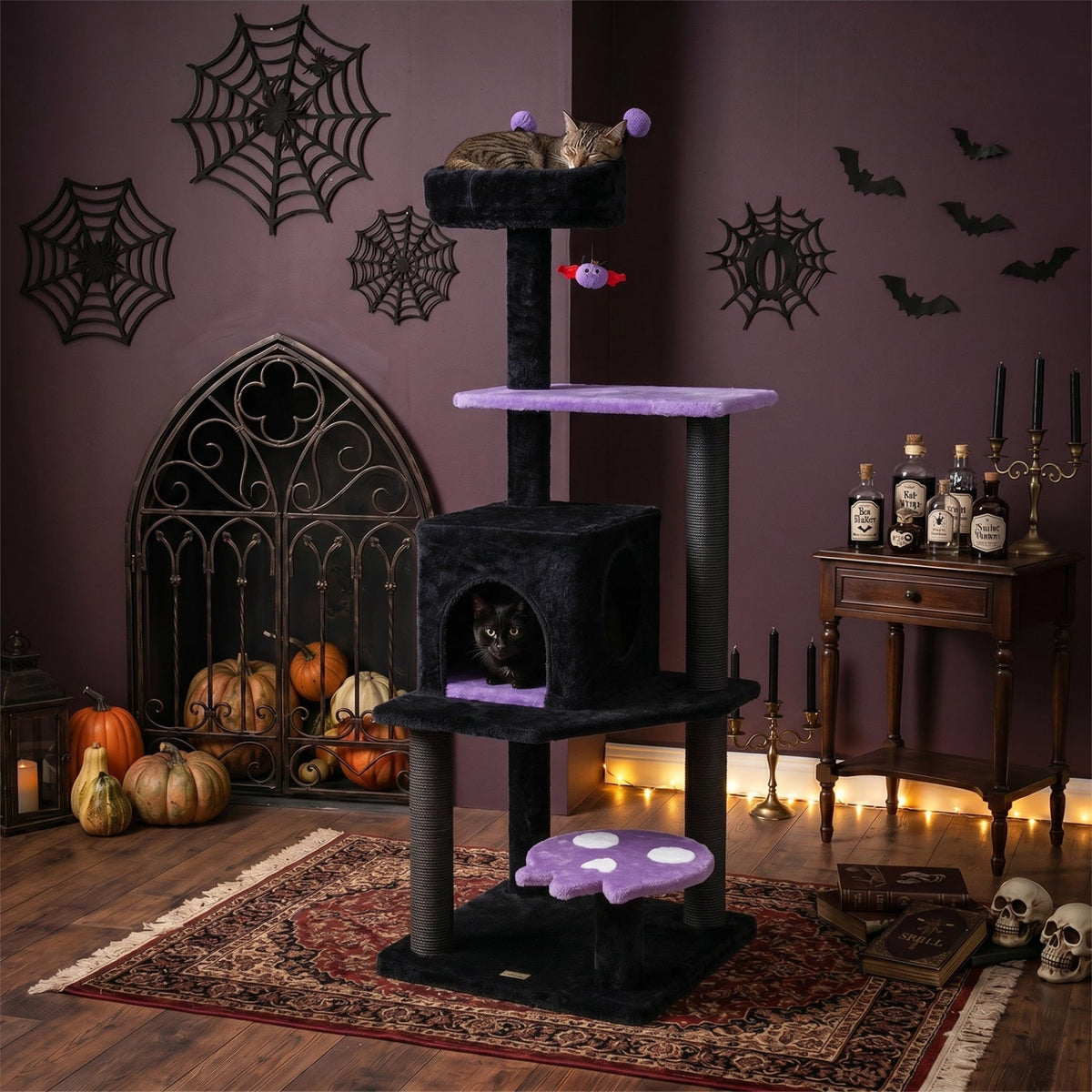 Gothic-style 57-inch cat tree by GBruno Store with padded perch, multiple platforms, and hanging spider toy for cats to climb and play.