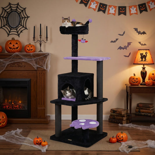 GBruno Store 57-inch gothic cat tree with padded perch, spider toy, and multiple levels for climbing and lounging.