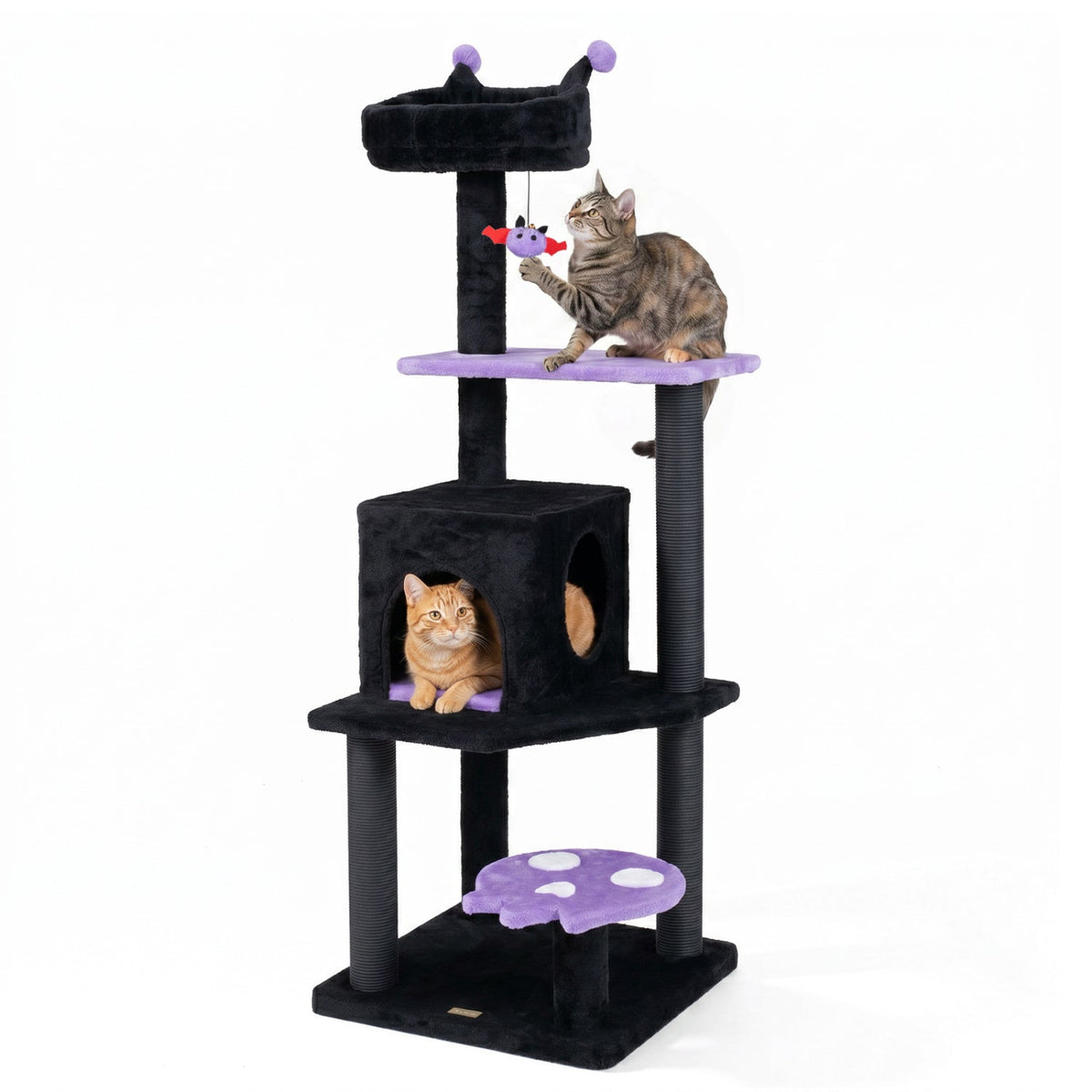 GBruno Store 57-inch Gothic cat tree with padded perch, spider toy, and multiple levels for climbing and lounging.
