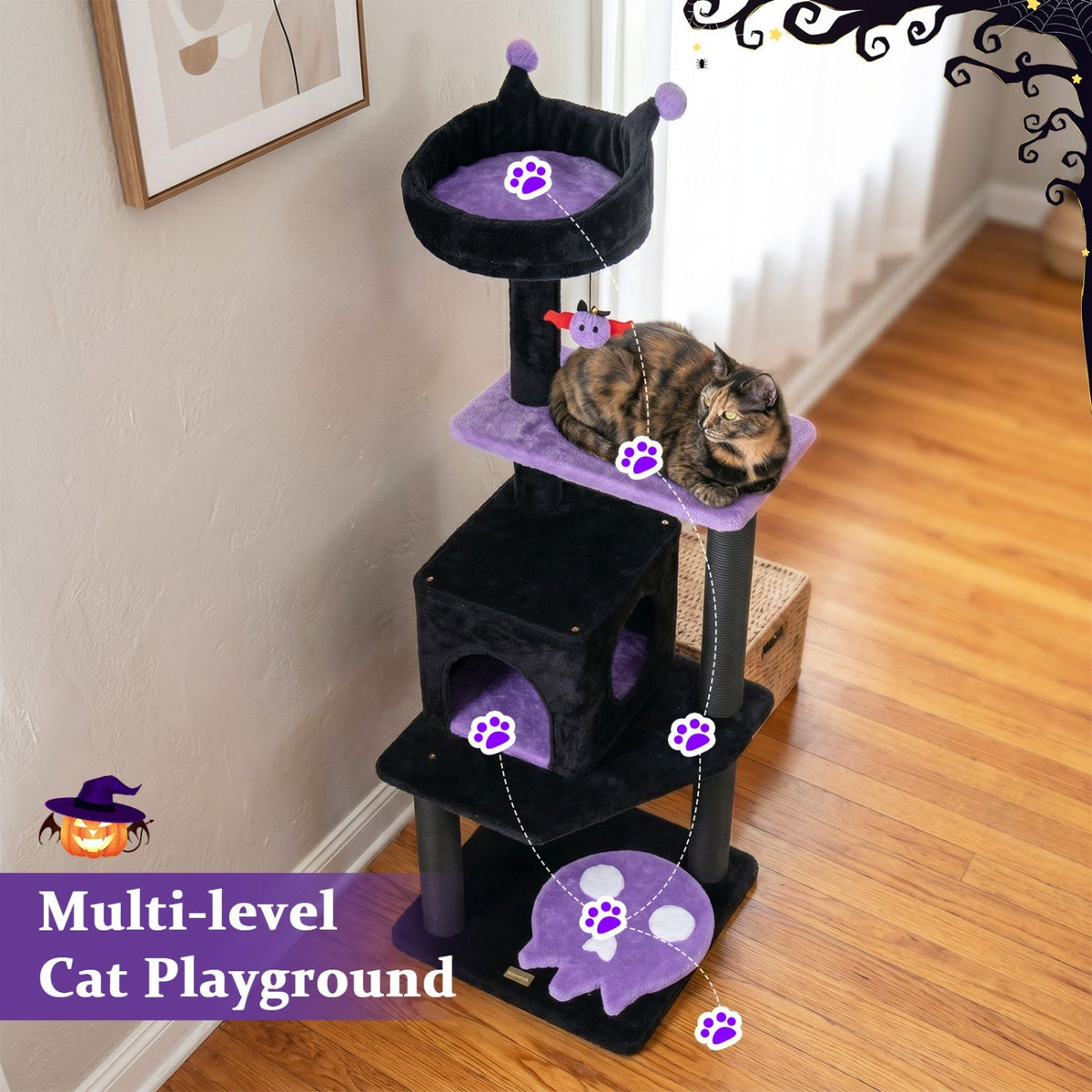 GBruno Store 57-inch gothic cat tree with padded perch, spider toy, and multiple levels for climbing and lounging.