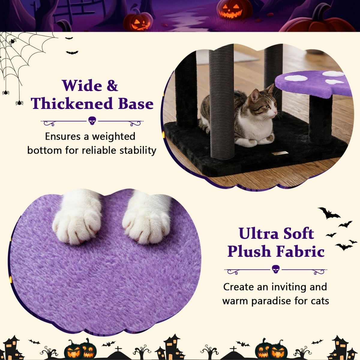 Gothic-style 57-inch cat tree with padded perch and spider toy, perfect for cats to climb, rest, and play.