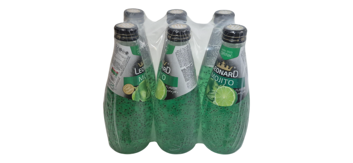 Six-pack of Nut Fusion Leonard Basil Drinks with colorful bottles featuring natural basil flavor and refreshing beverage labels.