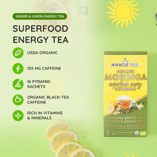 Organic Moringa Energy Tea by Miracle Tree with ginger and lemon, a natural coffee alternative, shown in a clear tea cup with tea leaves.