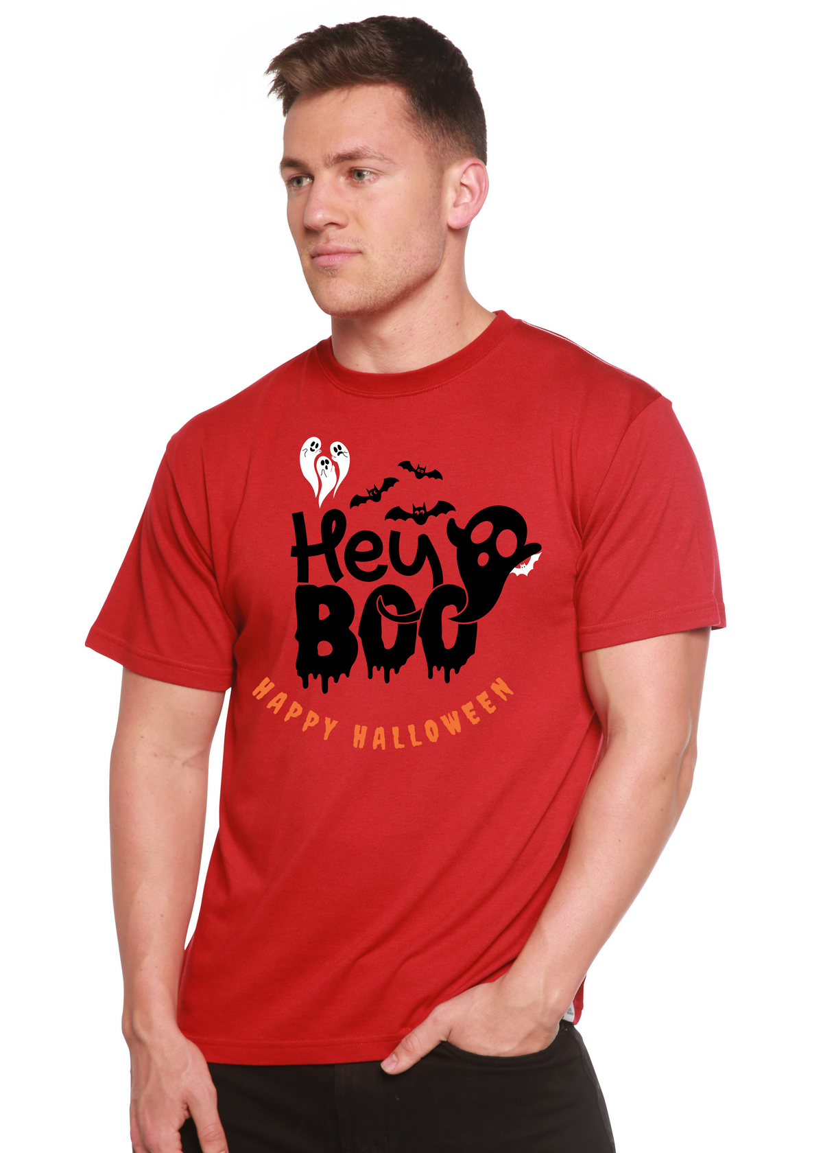 Spun Bamboo Hey Boo men's graphic T-shirt with bamboo viscose and organic cotton, featuring a printed design on short sleeves.