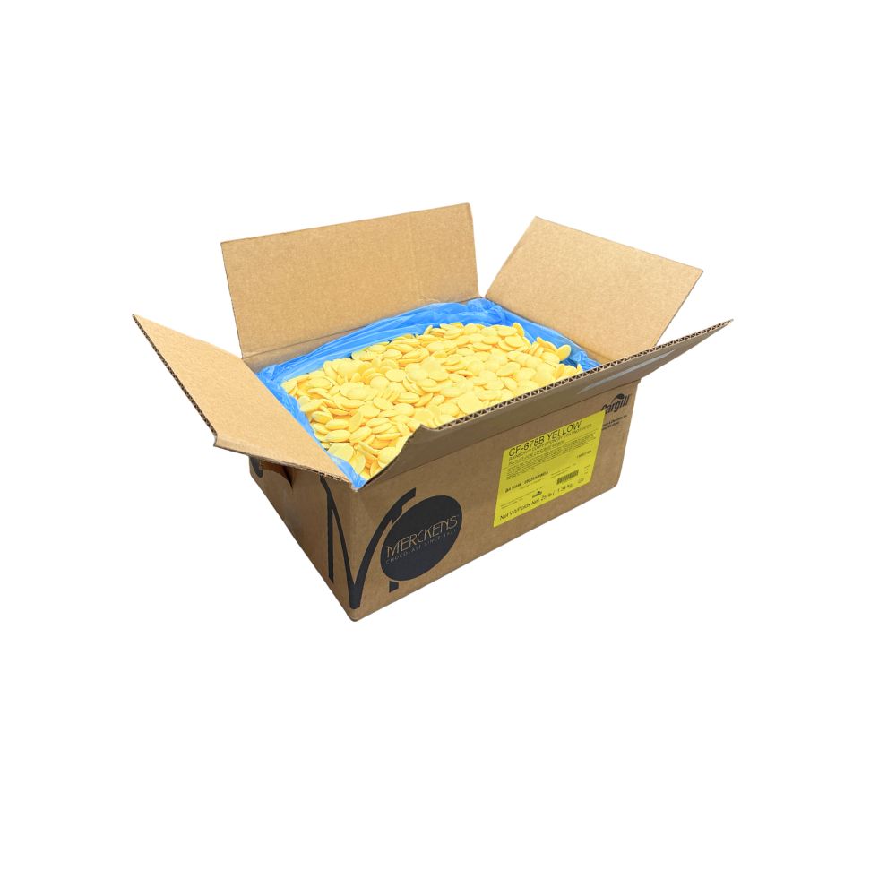 Yellow vanilla-flavored candy coating and melting wafers by Candy In Bulk, perfect for chocolate decorating and baking.