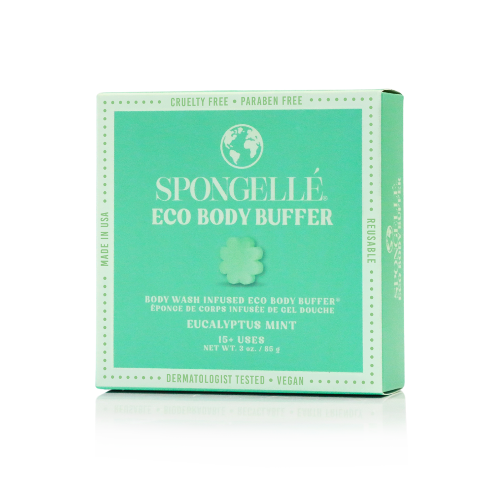 Eucalyptus Mint Eco Body Buffer by Spongellé, a body wash infused buffer with fresh eucalyptus and mint scent, showing the textured sponge.
