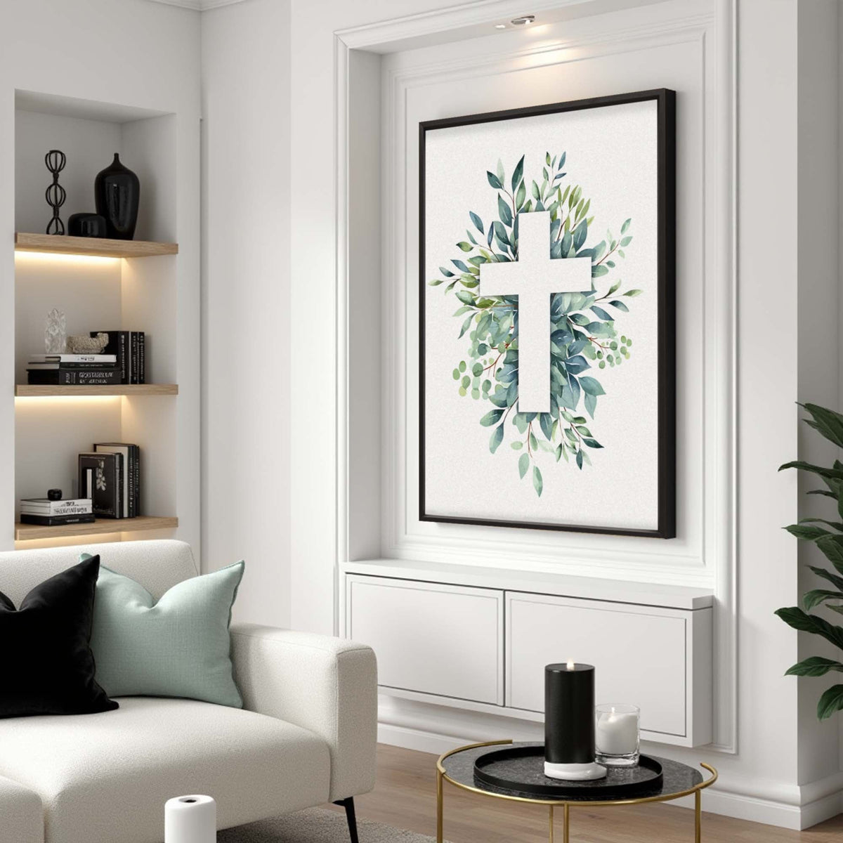 Canvas wall art featuring an evergreen cross design by Tailored Canvases, suitable for faith-based home decor.