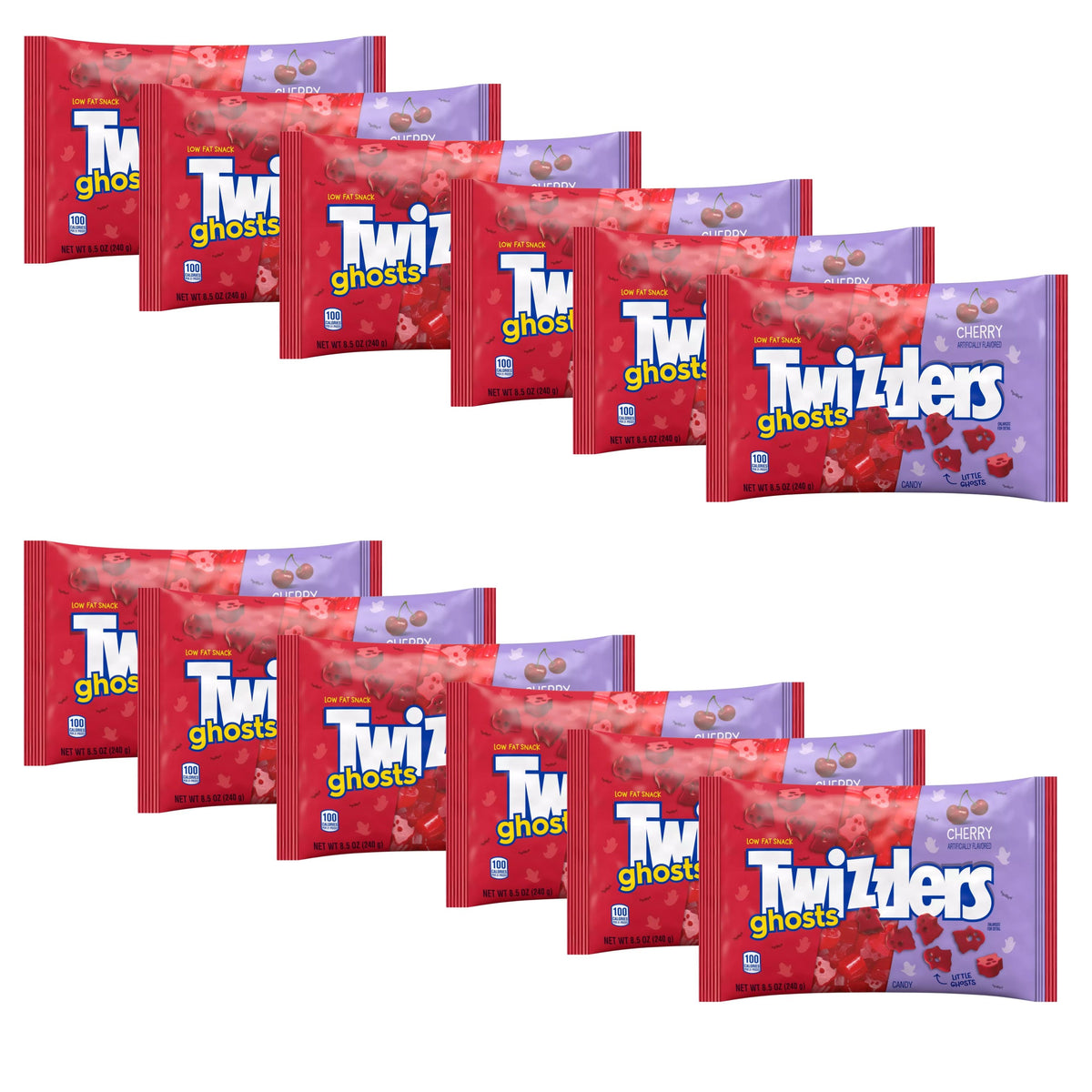 Cherry flavored Twizzlers Ghosts chewy candy from Candy In Bulk in an 8.5 oz bag, featuring colorful ghost-shaped lollipops.