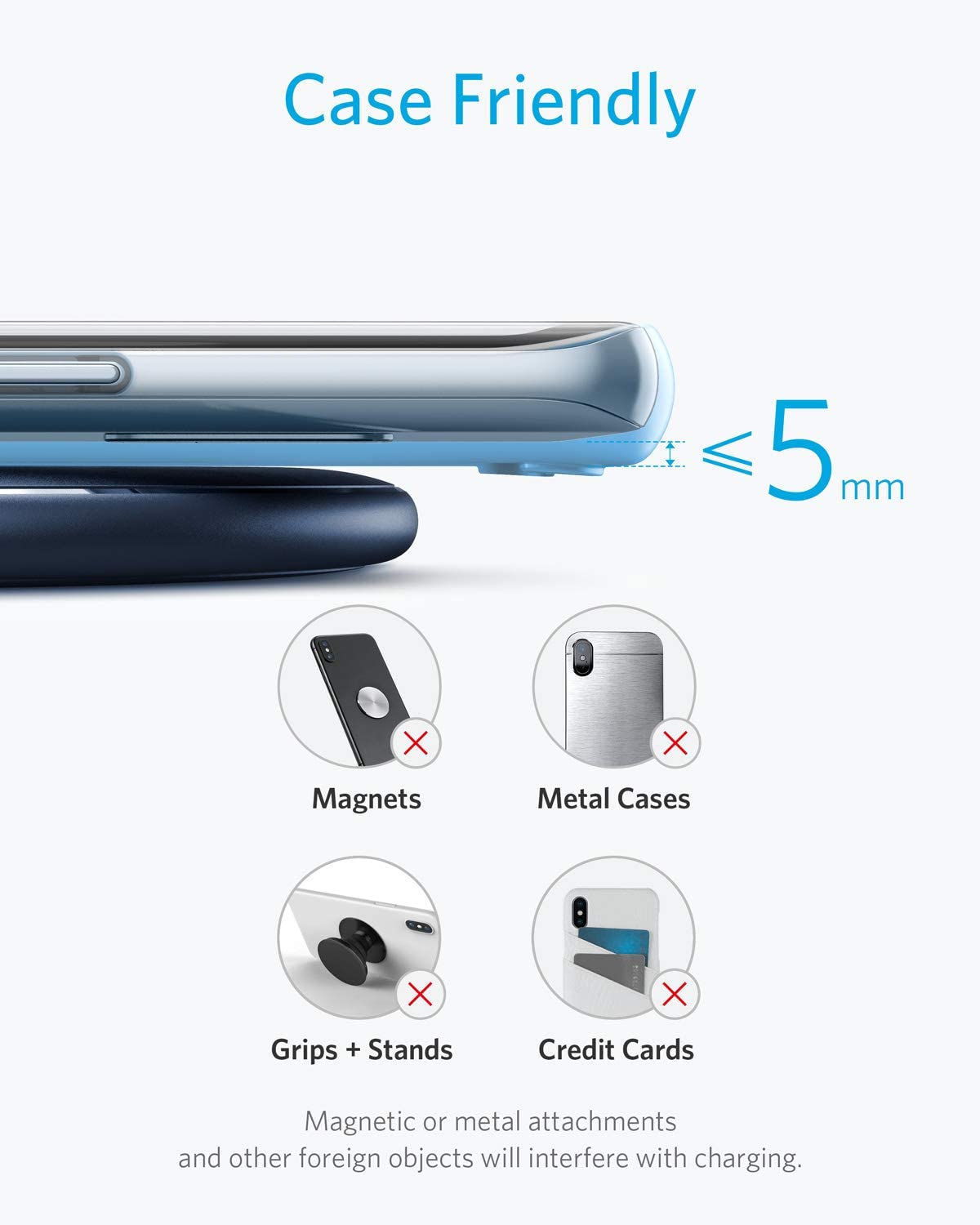 Anker 313 wireless charging pad for charging devices wirelessly, slim design, black surface, compatible with Qi-enabled smartphones.