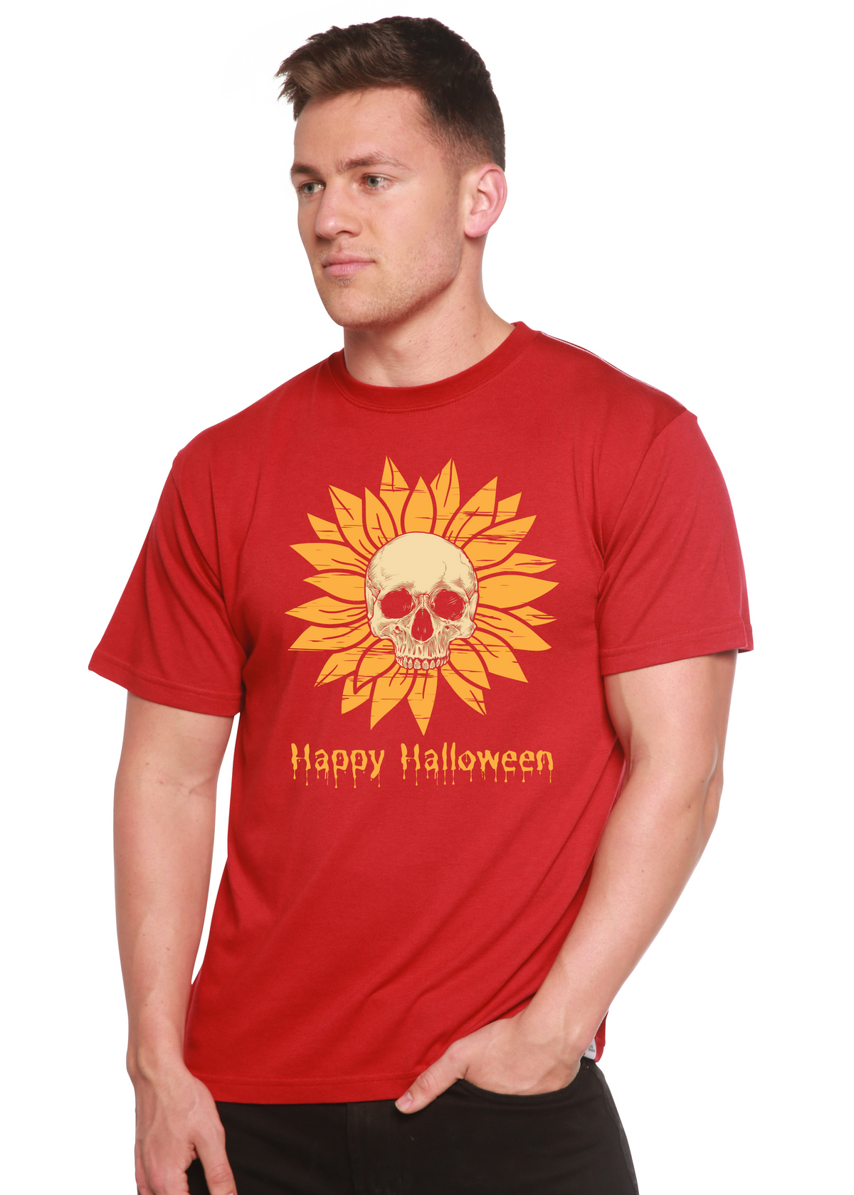 Men's Happy Halloween graphic T-shirt by Spun Bamboo, short sleeve shirt with Halloween-themed print in bamboo viscose and organic cotton.